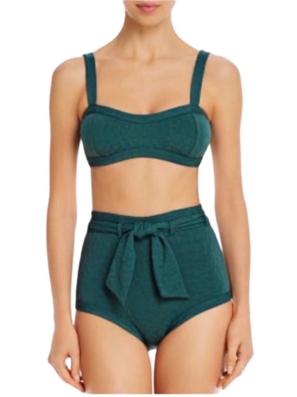 Peony Jacquard Textured Bikini Set Size 12 Lagoon Green High Waist Bottom Retro